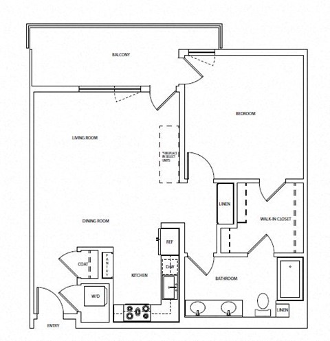 Floor plan for 1 bed, 1 bath, 916 sqft